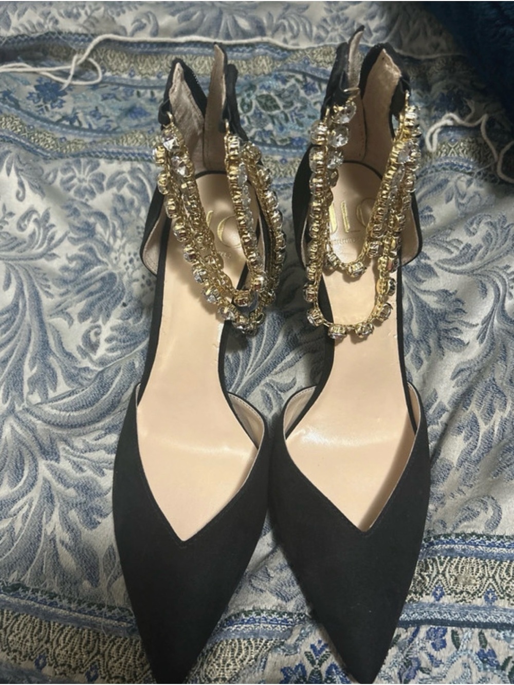 Jennifer Lopez Black Pointed Toe Heels with Gold Crystal Anklets